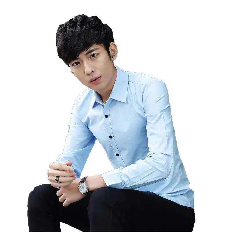 Men Korean Style Slim Fit Light Blue Long Sleeve Shirt - Image 11