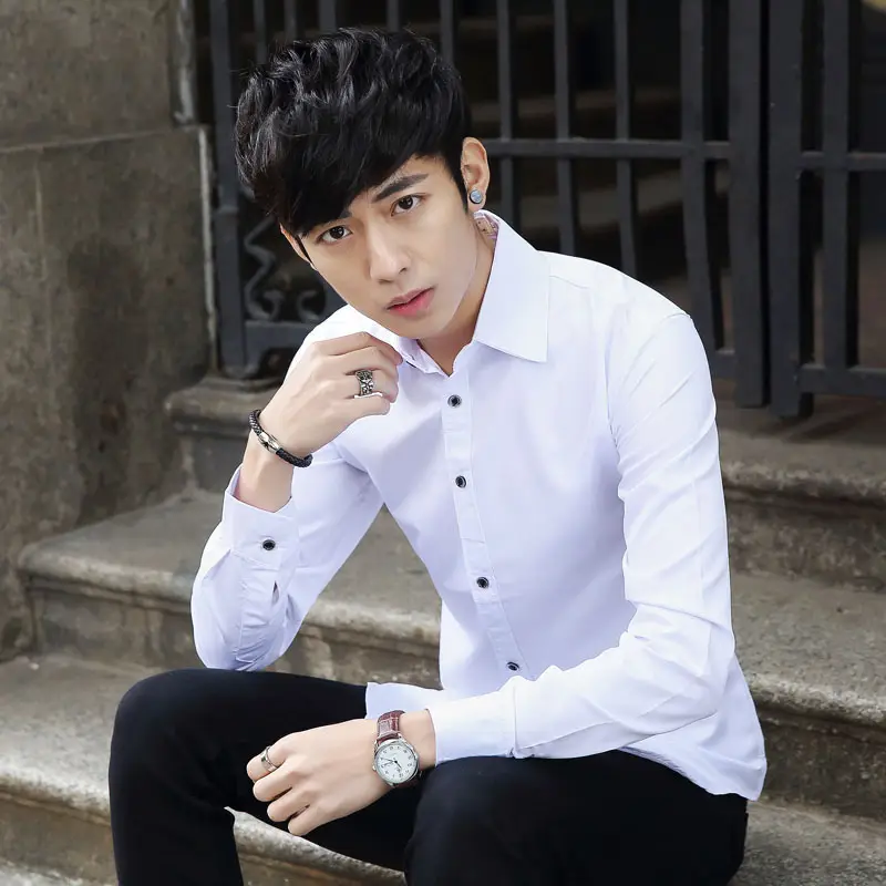 Men Korean Style Slim Fit Light Blue Long Sleeve Shirt - Image 12