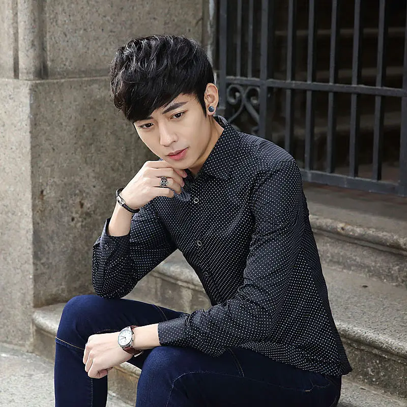 Men Korean Style Slim Fit Light Blue Long Sleeve Shirt - Image 2