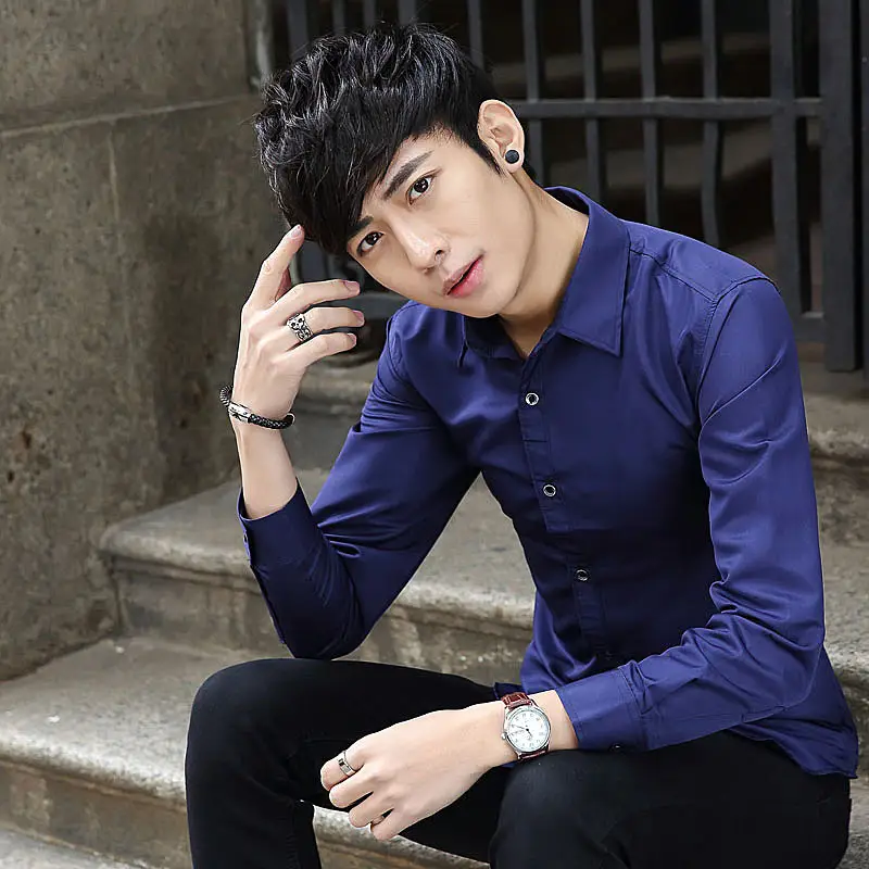 Men Korean Style Slim Fit Light Blue Long Sleeve Shirt - Image 3