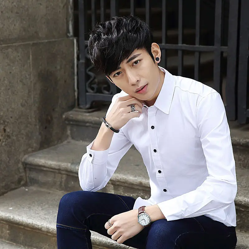 Men Korean Style Slim Fit Light Blue Long Sleeve Shirt - Image 4