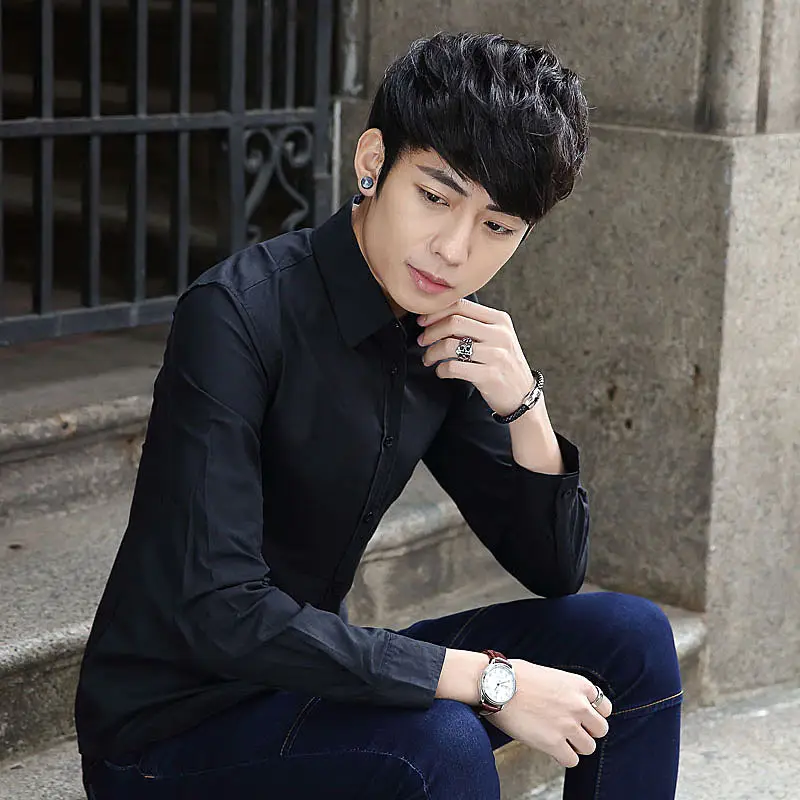 Men Korean Style Slim Fit Light Blue Long Sleeve Shirt - Image 5