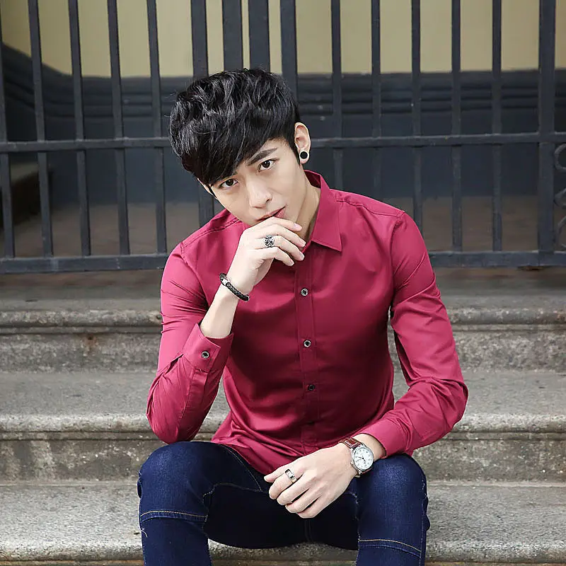 Men Korean Style Slim Fit Light Blue Long Sleeve Shirt - Image 6