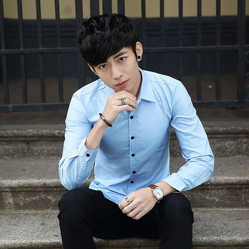 Men Korean Style Slim Fit Light Blue Long Sleeve Shirt - Image 7