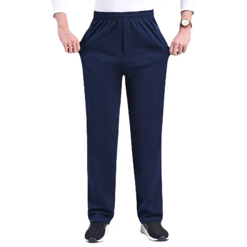 Men Cotton Elastic Waist Pants Navy Blue Loose Fit - Image 11