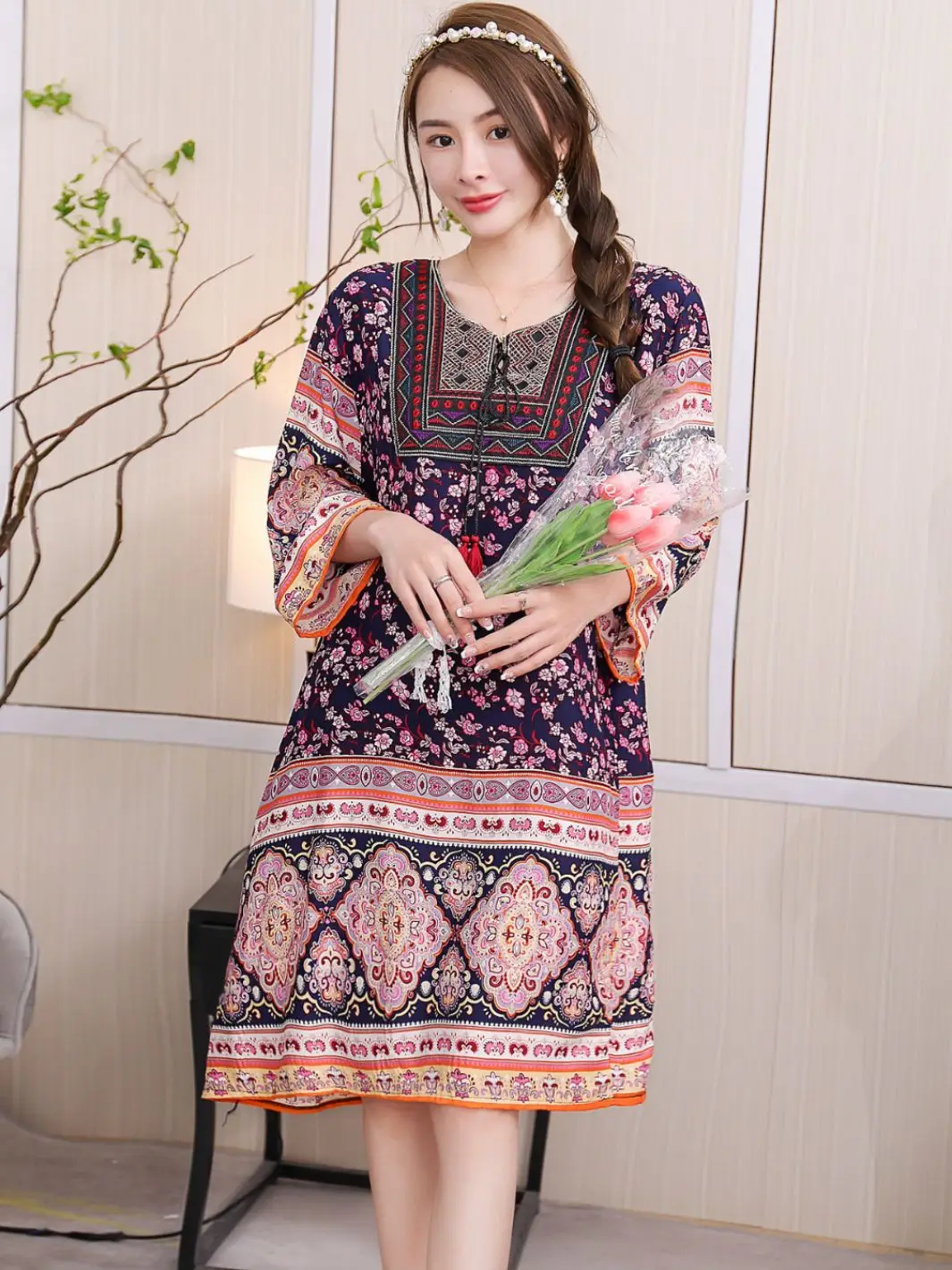 Women's Red Printed Cotton Silk A-Line Dress - Image 47