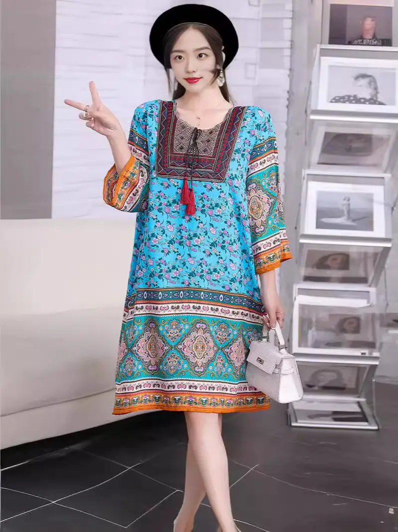 Women's Red Printed Cotton Silk A-Line Dress - Image 48
