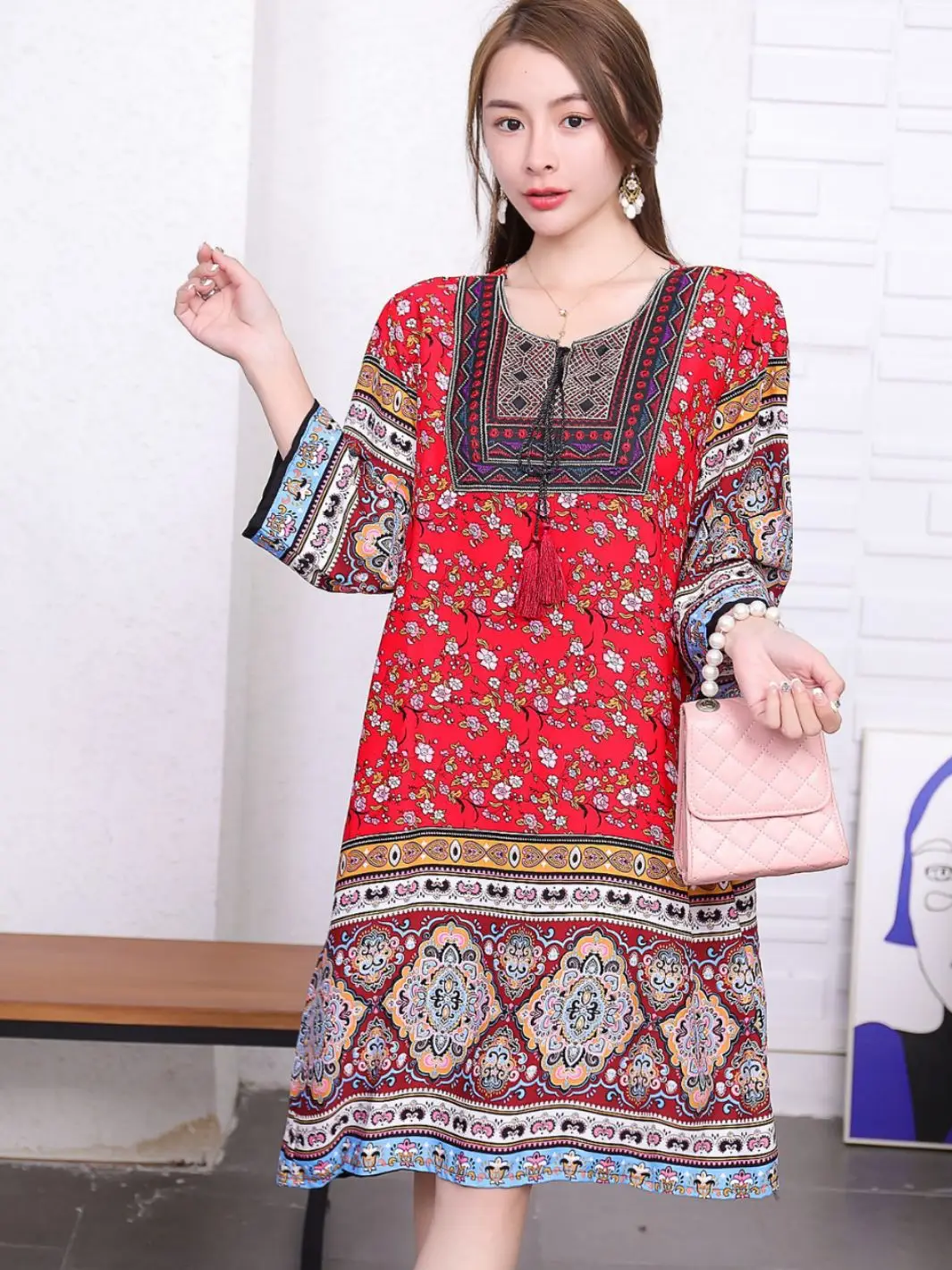 Women's Red Printed Cotton Silk A-Line Dress - Image 49