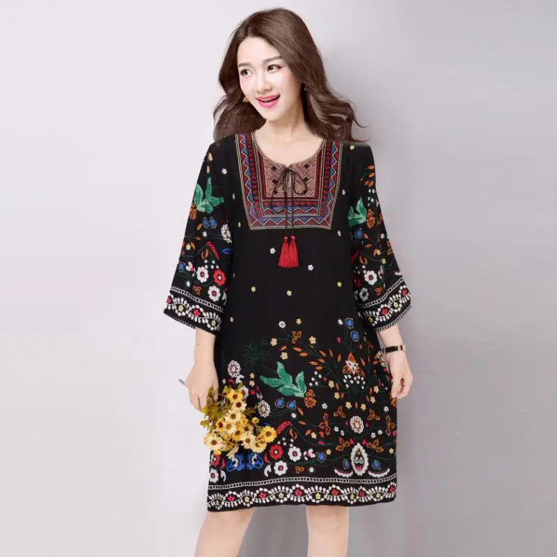 Women's Red Printed Cotton Silk A-Line Dress - Image 10