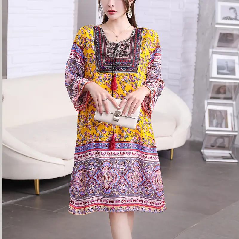 Women's Red Printed Cotton Silk A-Line Dress - Image 11