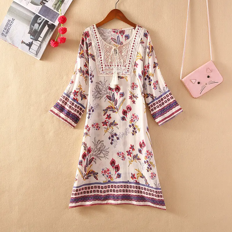Women's Red Printed Cotton Silk A-Line Dress - Image 12