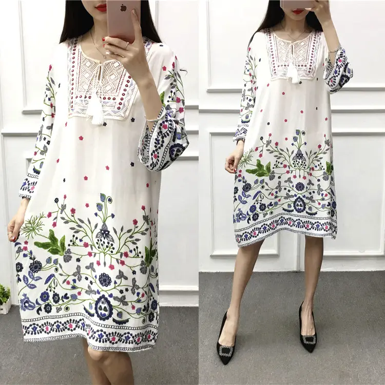 Women's Red Printed Cotton Silk A-Line Dress - Image 13