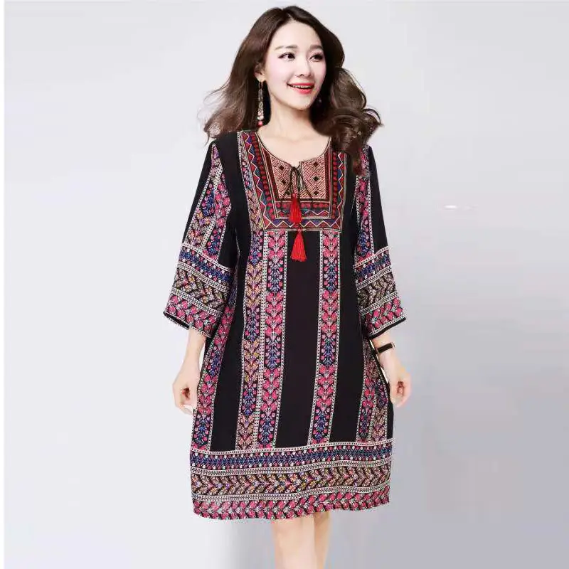 Women's Red Printed Cotton Silk A-Line Dress - Image 14
