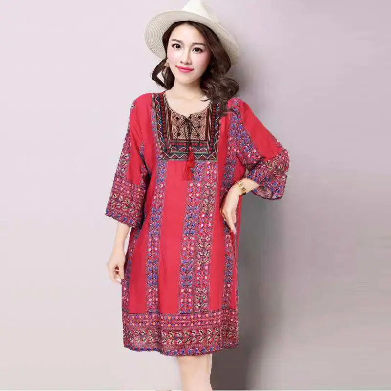 Women's Red Printed Cotton Silk A-Line Dress - Image 16