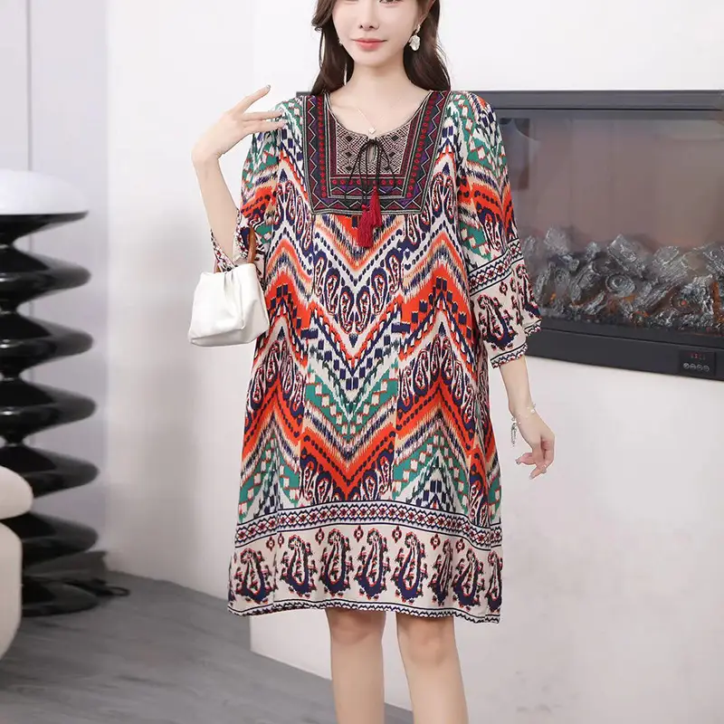 Women's Red Printed Cotton Silk A-Line Dress - Image 17