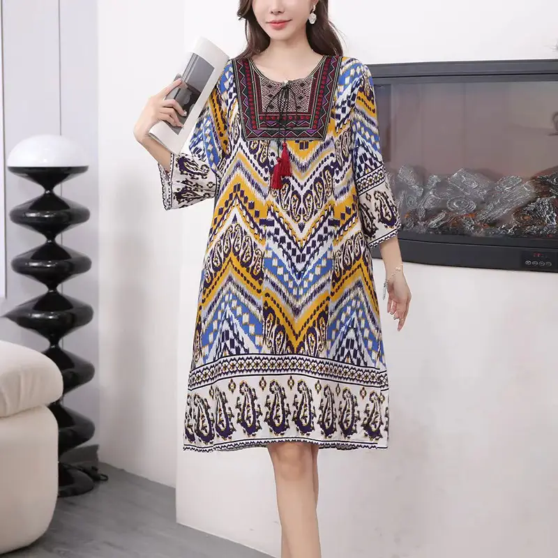 Women's Red Printed Cotton Silk A-Line Dress - Image 18