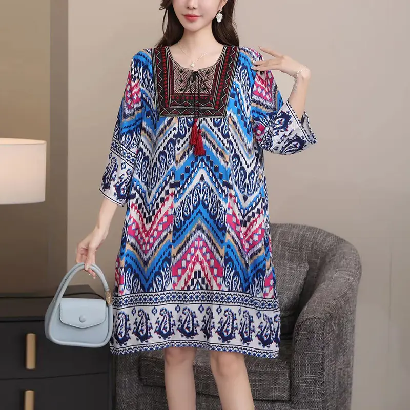 Women's Red Printed Cotton Silk A-Line Dress - Image 19