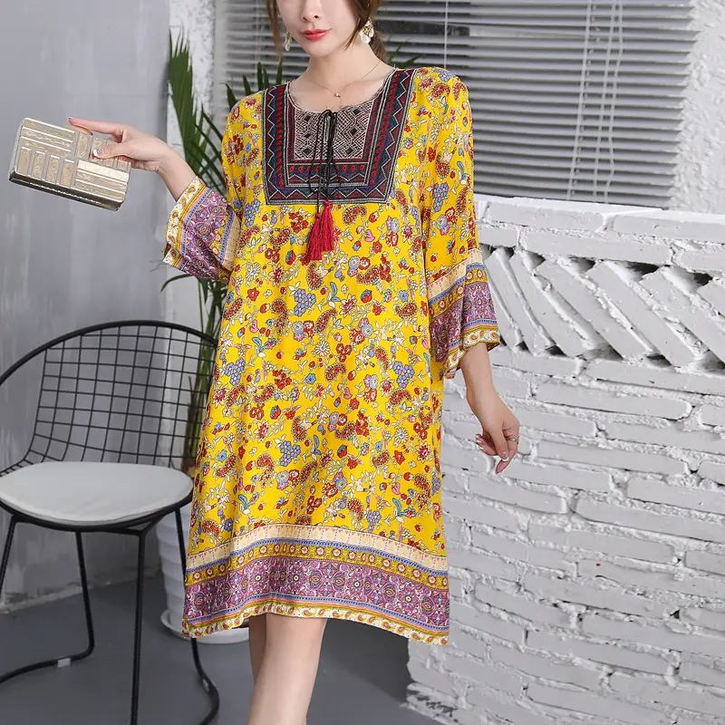 Women's Red Printed Cotton Silk A-Line Dress - Image 2