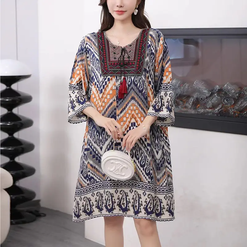 Women's Red Printed Cotton Silk A-Line Dress - Image 20