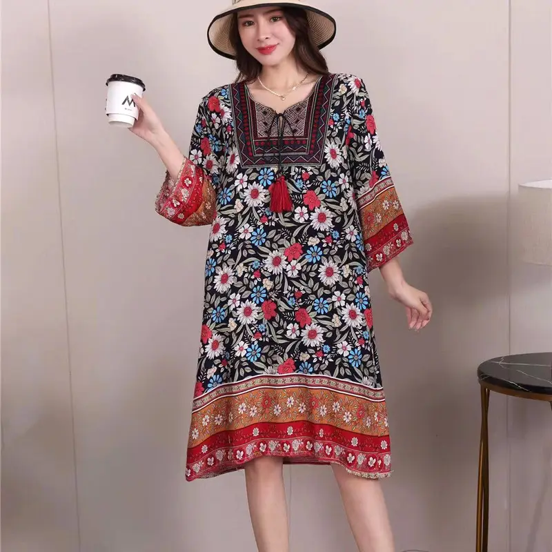 Women's Red Printed Cotton Silk A-Line Dress - Image 21