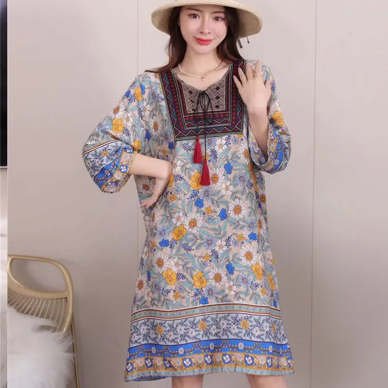 Women's Red Printed Cotton Silk A-Line Dress - Image 22