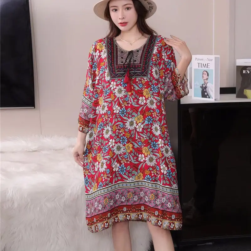 Women's Red Printed Cotton Silk A-Line Dress - Image 23