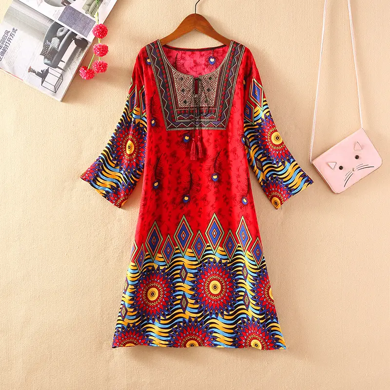 Women's Red Printed Cotton Silk A-Line Dress - Image 27