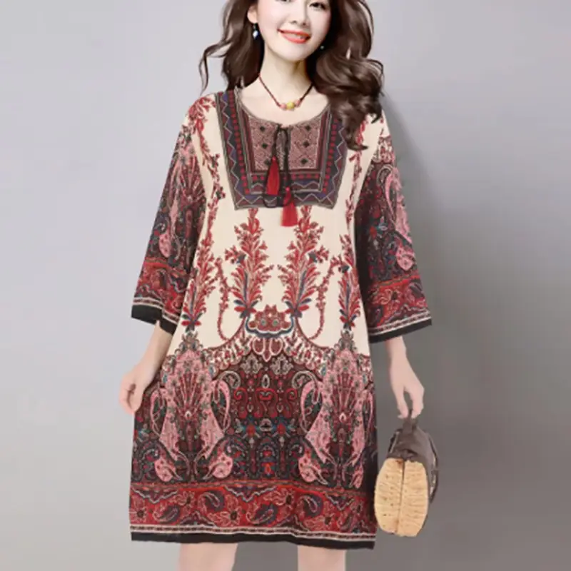 Women's Red Printed Cotton Silk A-Line Dress - Image 29