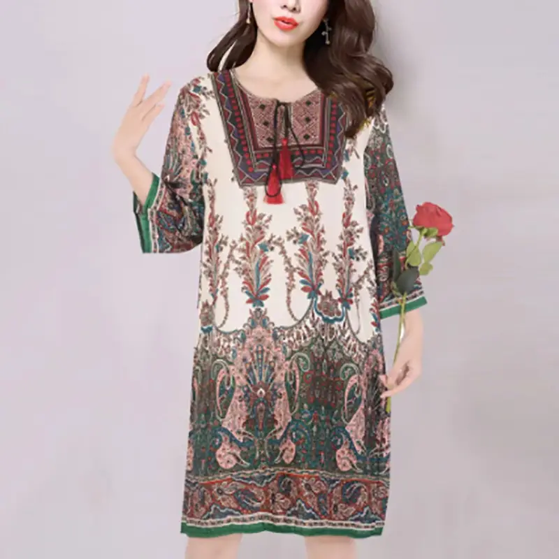 Women's Red Printed Cotton Silk A-Line Dress - Image 30