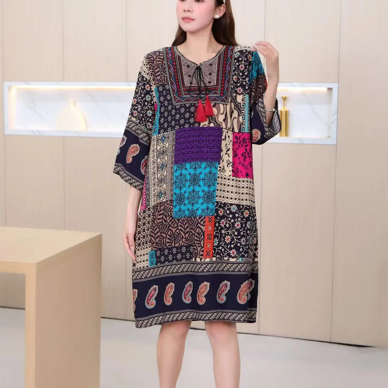 Women's Red Printed Cotton Silk A-Line Dress - Image 33