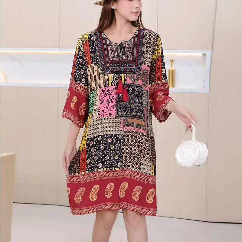 Women's Red Printed Cotton Silk A-Line Dress - Image 34