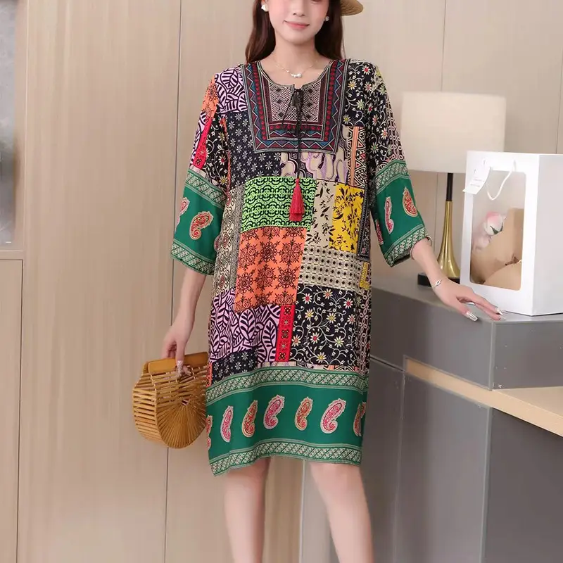 Women's Red Printed Cotton Silk A-Line Dress - Image 35