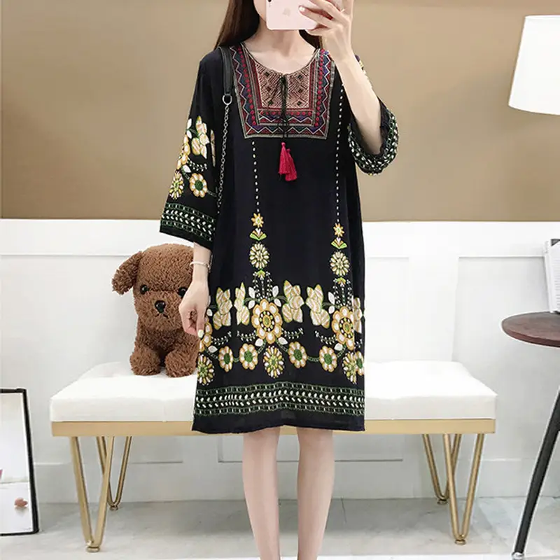 Women's Red Printed Cotton Silk A-Line Dress - Image 36