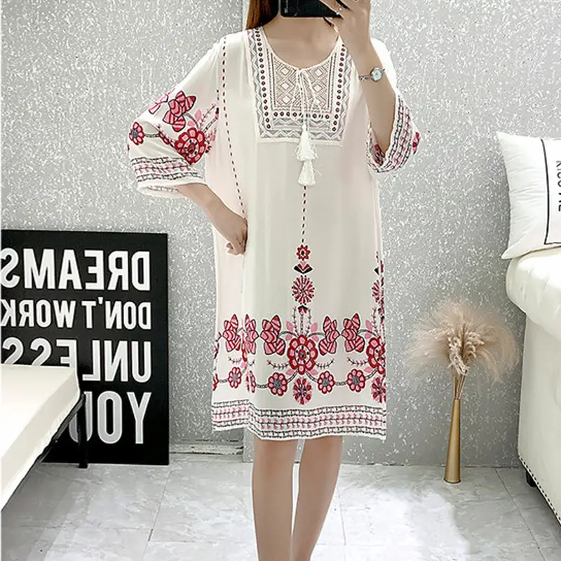 Women's Red Printed Cotton Silk A-Line Dress - Image 37