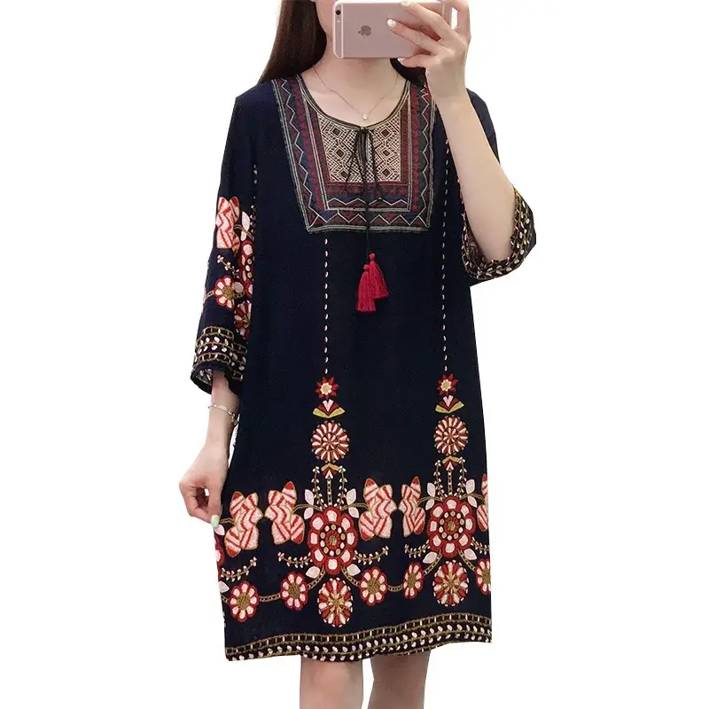 Women's Red Printed Cotton Silk A-Line Dress - Image 38