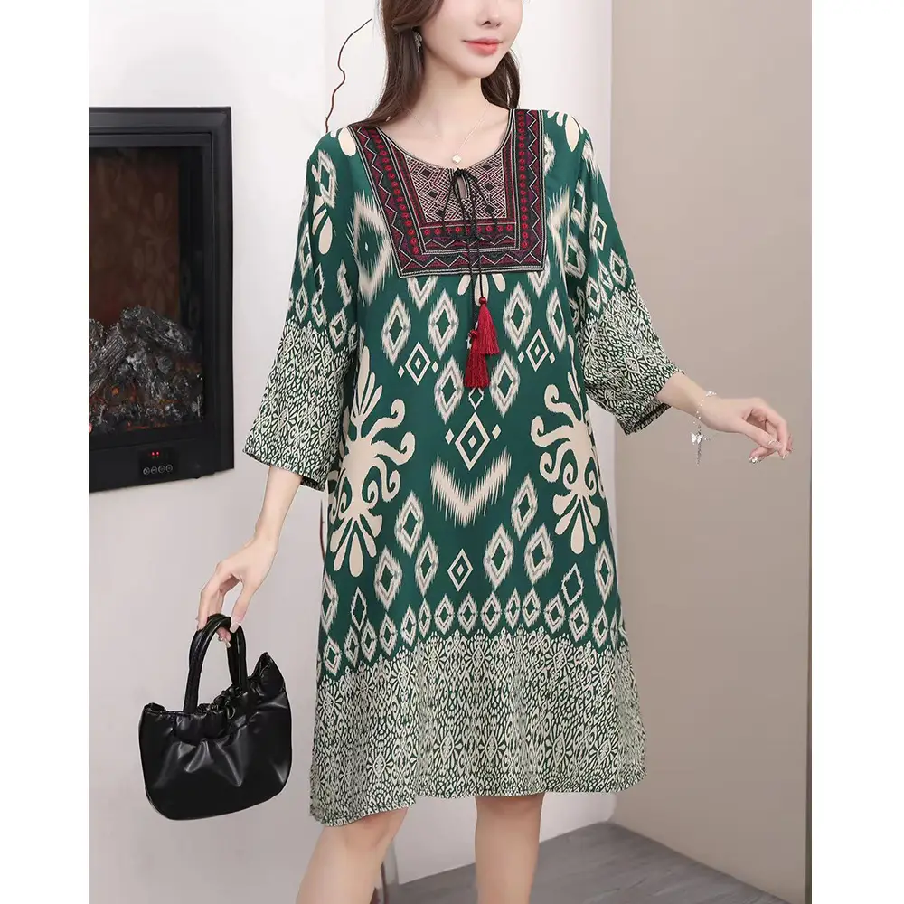 Women's Red Printed Cotton Silk A-Line Dress - Image 39