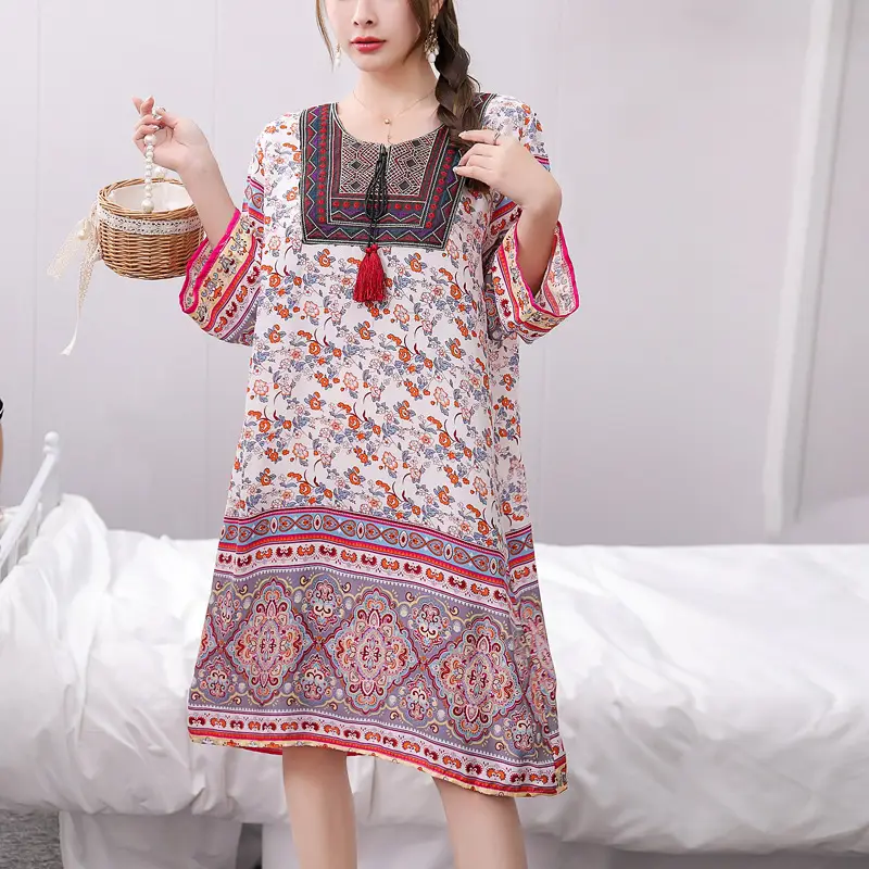 Women's Red Printed Cotton Silk A-Line Dress - Image 4
