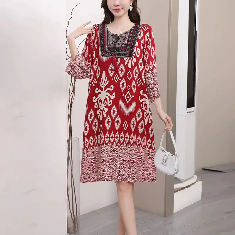 Women's Red Printed Cotton Silk A-Line Dress - Image 40
