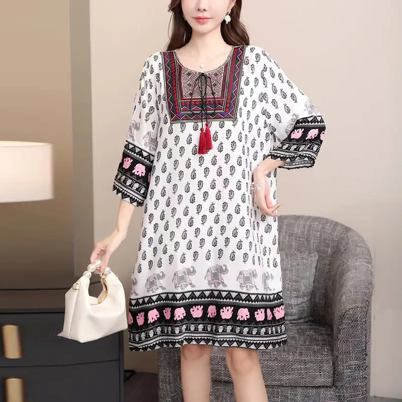 Women's Red Printed Cotton Silk A-Line Dress - Image 41