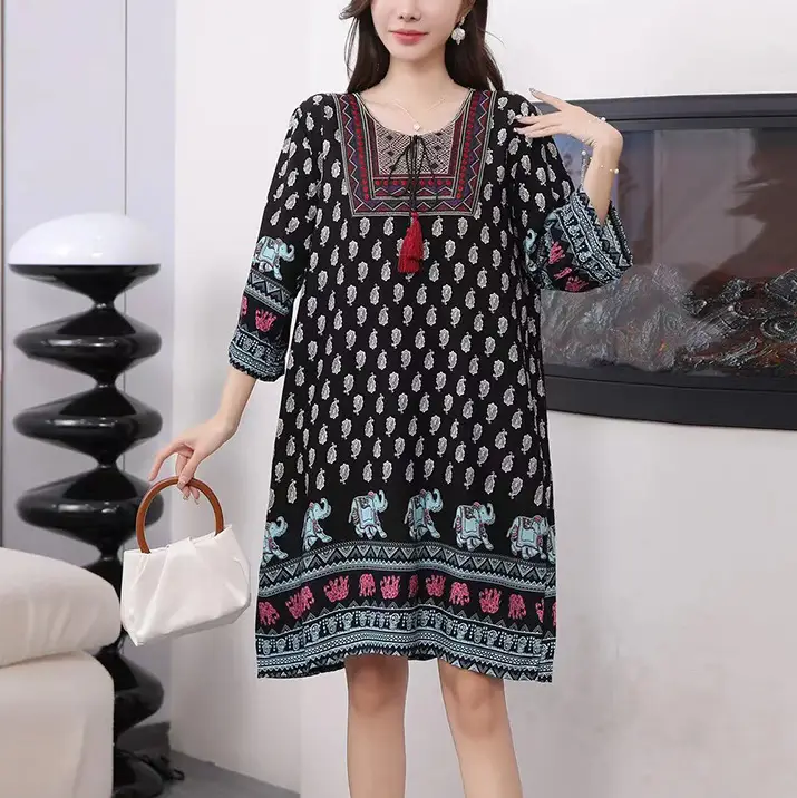 Women's Red Printed Cotton Silk A-Line Dress - Image 42