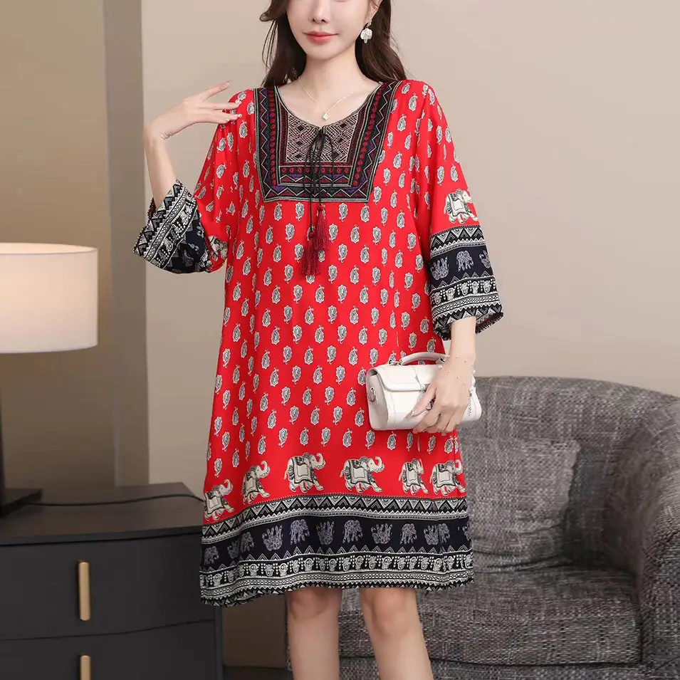 Women's Red Printed Cotton Silk A-Line Dress - Image 43