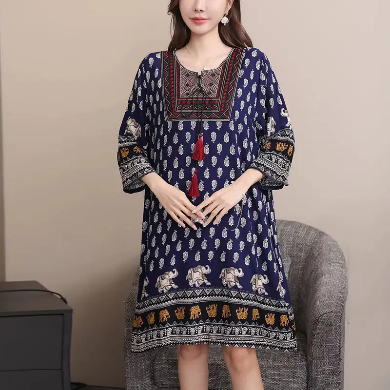 Women's Red Printed Cotton Silk A-Line Dress - Image 44