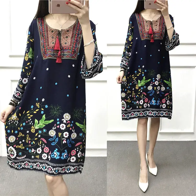 Women's Red Printed Cotton Silk A-Line Dress - Image 5