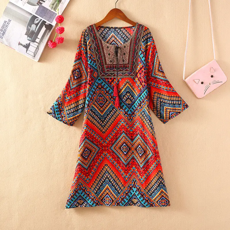 Women's Red Printed Cotton Silk A-Line Dress - Image 6