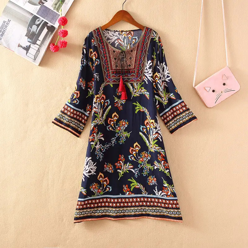 Women's Red Printed Cotton Silk A-Line Dress - Image 8