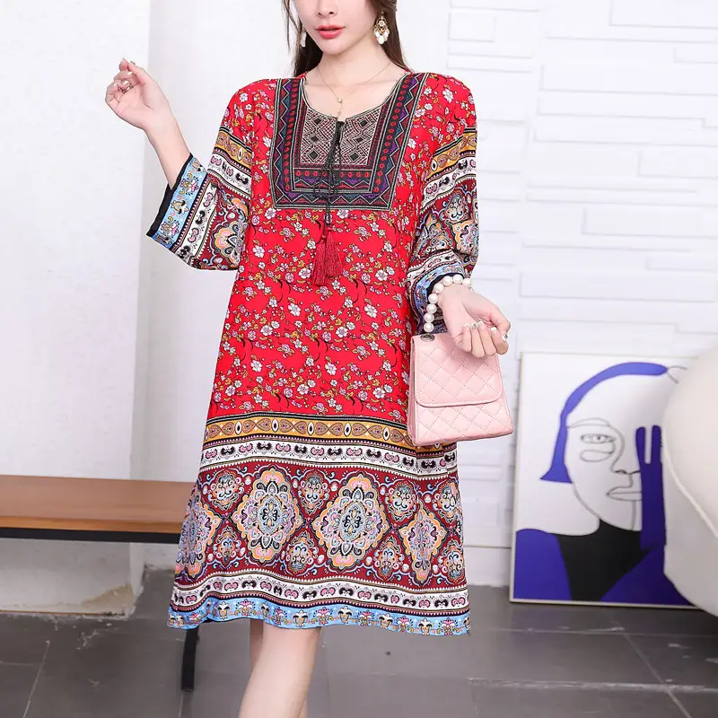 Women's Red Printed Cotton Silk A-Line Dress - Image 9