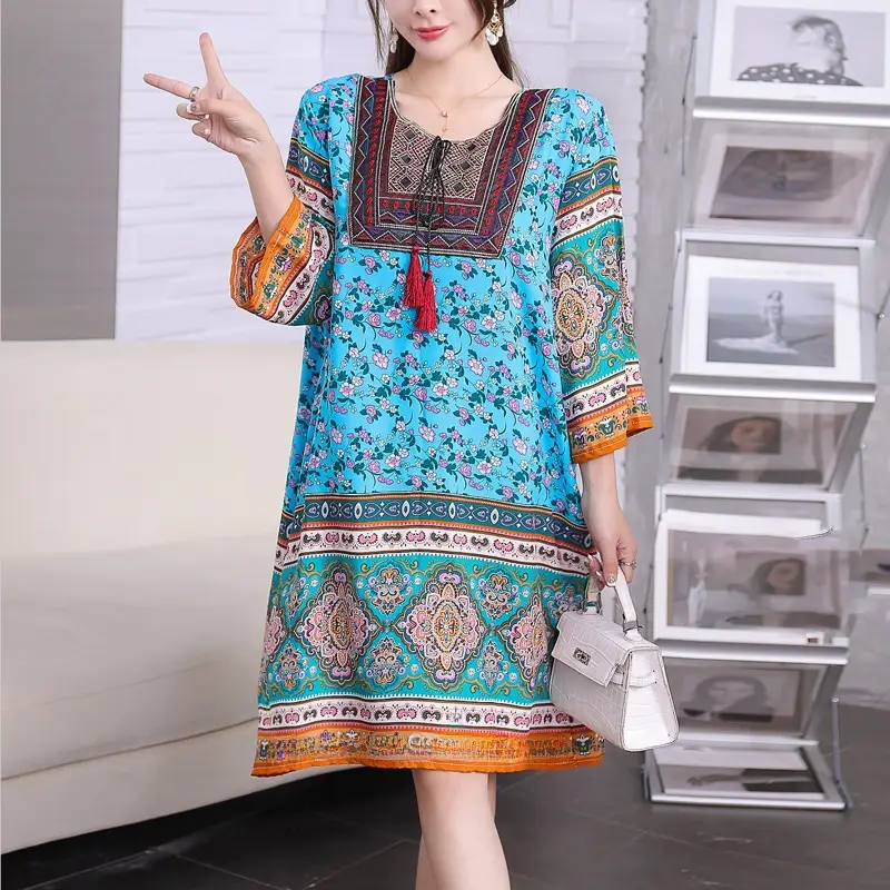 Women's Red Printed Cotton Silk A-Line Dress - Image 3