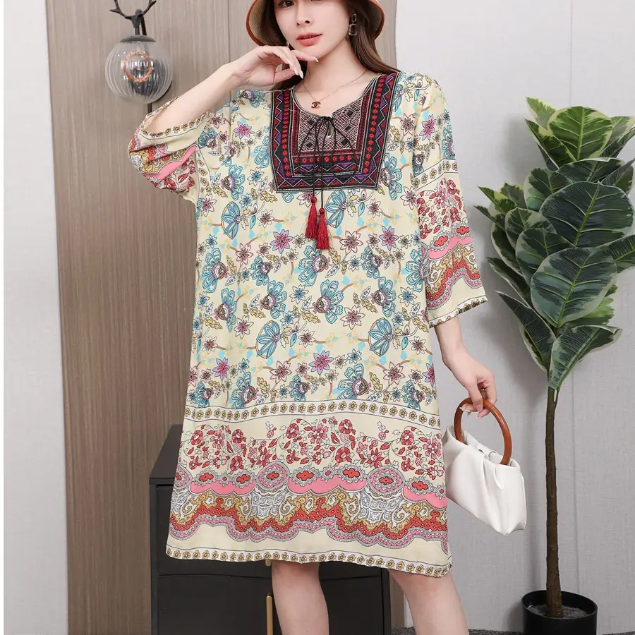 Women's Red Printed Cotton Silk A-Line Dress - Image 31