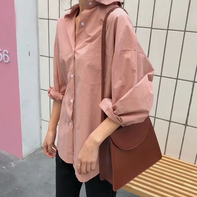 Long Sleeve Women Shirt South Korea Design Loose Fit Pink - Image 2