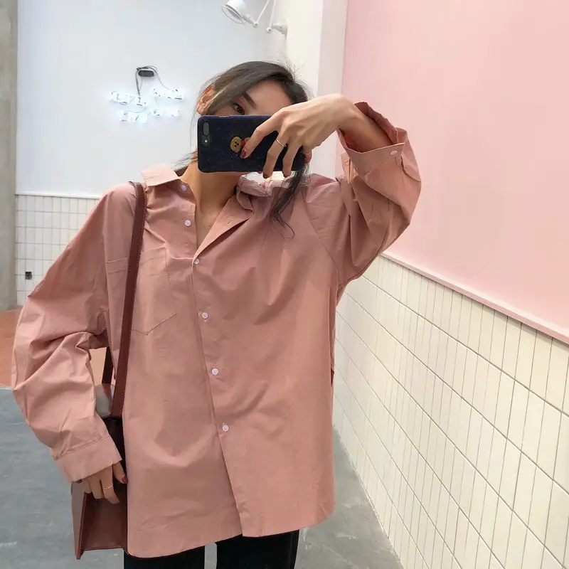 Long Sleeve Women Shirt South Korea Design Loose Fit Pink - Image 4